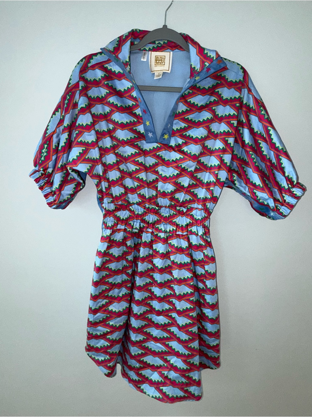 Casual Puff-Sleeve Mini Dress In Blue & Red Print